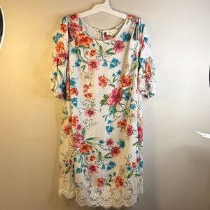 Love J Multicolor Floral Midi Dress with Lace Hem Size 1X #224
